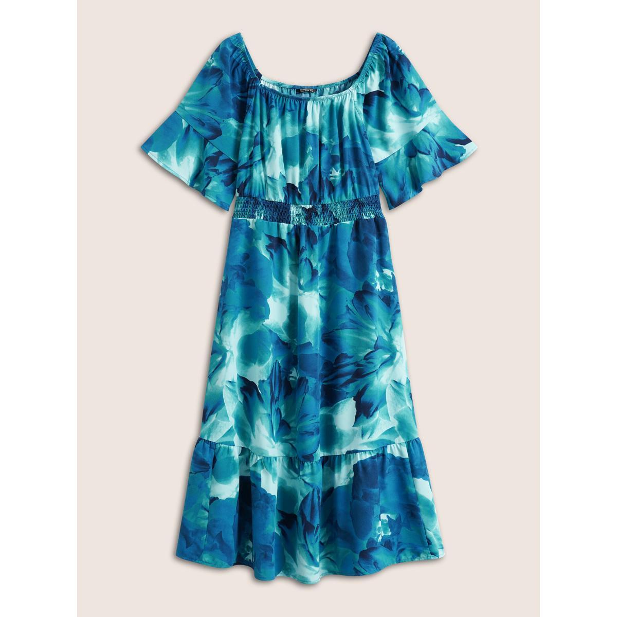 Plus Size Square Neck Floral Shirred Ruffle Sleeve Dress Blue Women Elegant Non Square Neck Short sleeve Curvy Midi Dress BloomChic 12/L Product Image