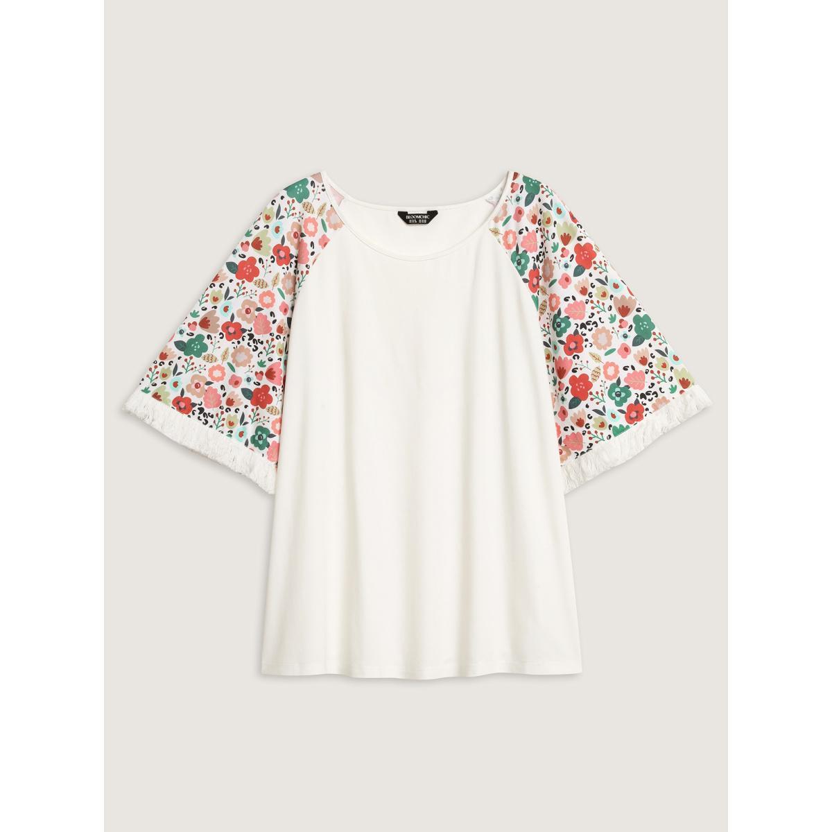 Plus Size Floral Raglan Sleeve Tassels T-Shirt Originalwhite Women Round Neck Everyday-Casual T-shirts BloomChic 14-16/1X Product Image