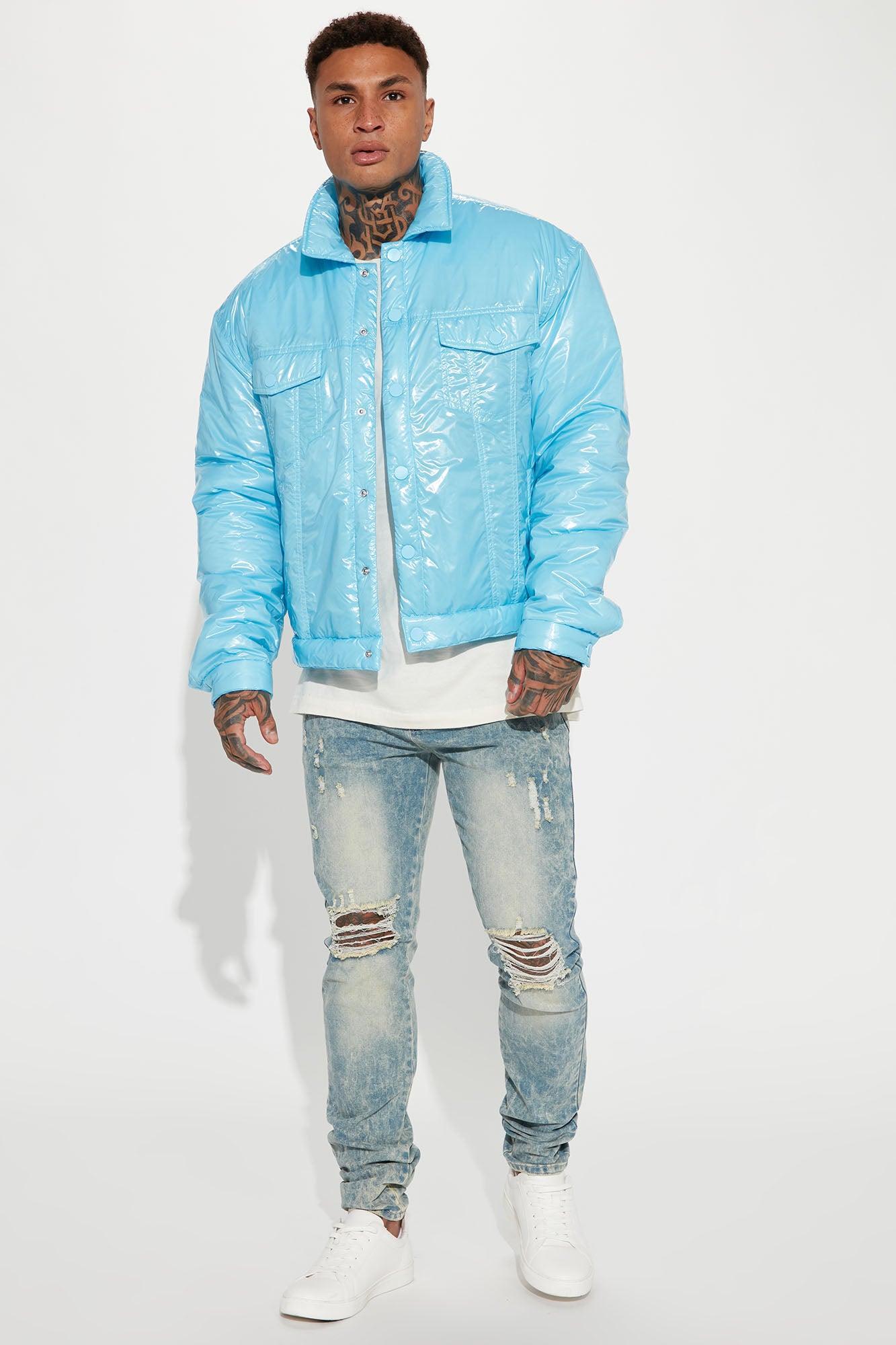 Posted Shiny Nylon Trucker Jacket - Light Blue Product Image