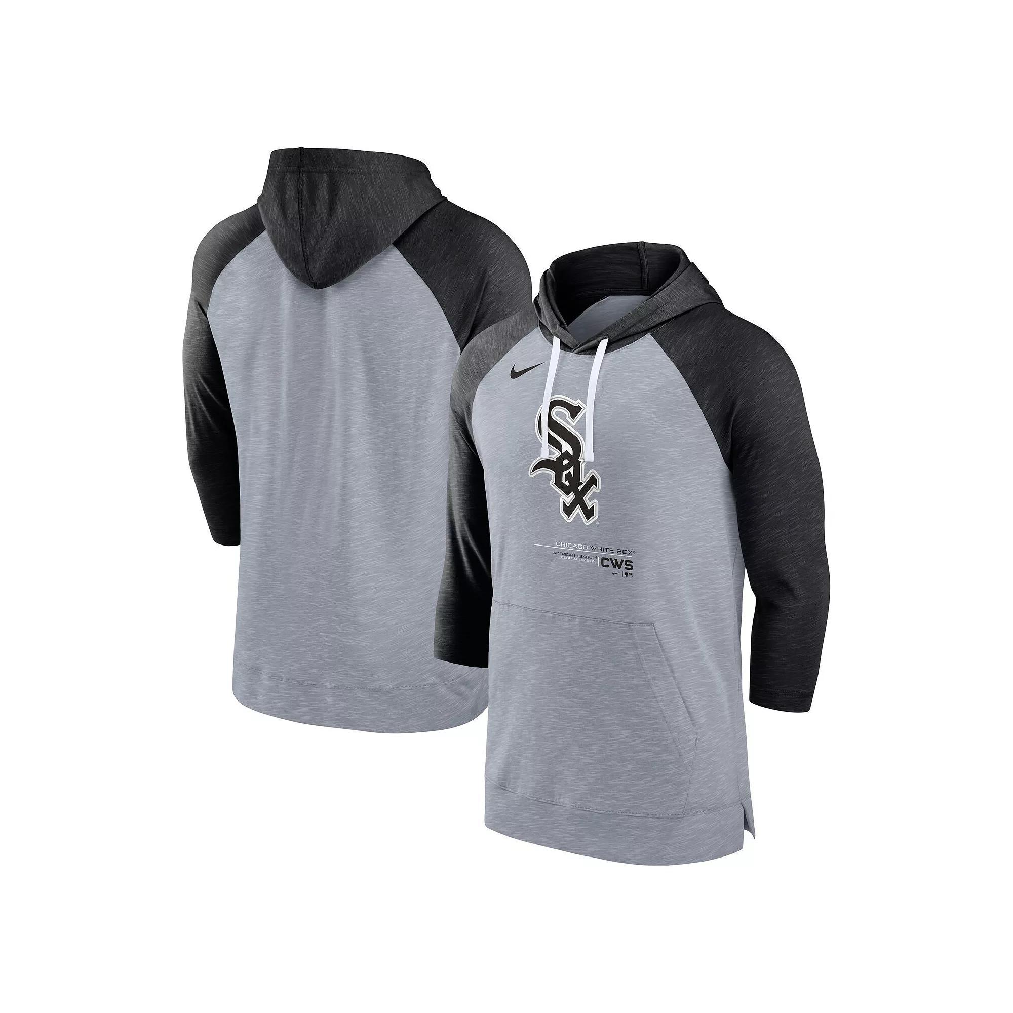Men's Nike Heather Gray/Heather Black Chicago White Sox Baseball Raglan 3/4-Sleeve Pullover Hoodie,  Product Image
