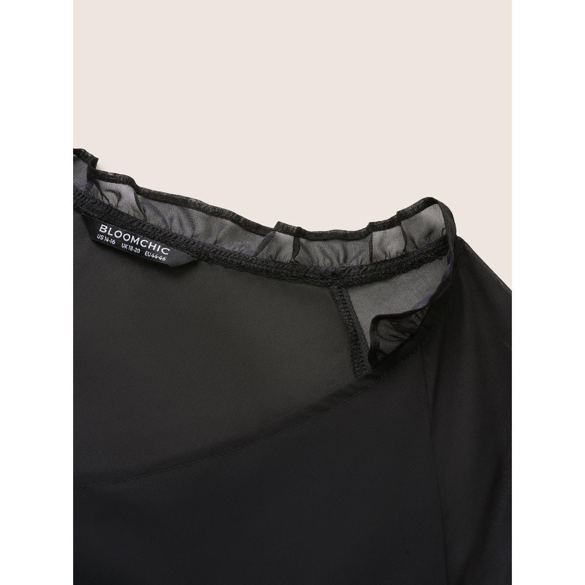 Plus Size Black Boho Print Mesh Patchwork Frill Trim Blouse Women Elegant Short sleeve V-neck Everyday Blouses BloomChic 12/L Product Image