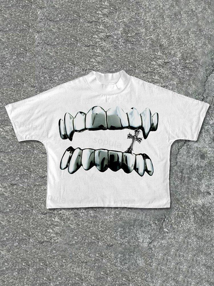 Sopula Cross Teeth Graphic Cotton Cropped T-Shirts Product Image