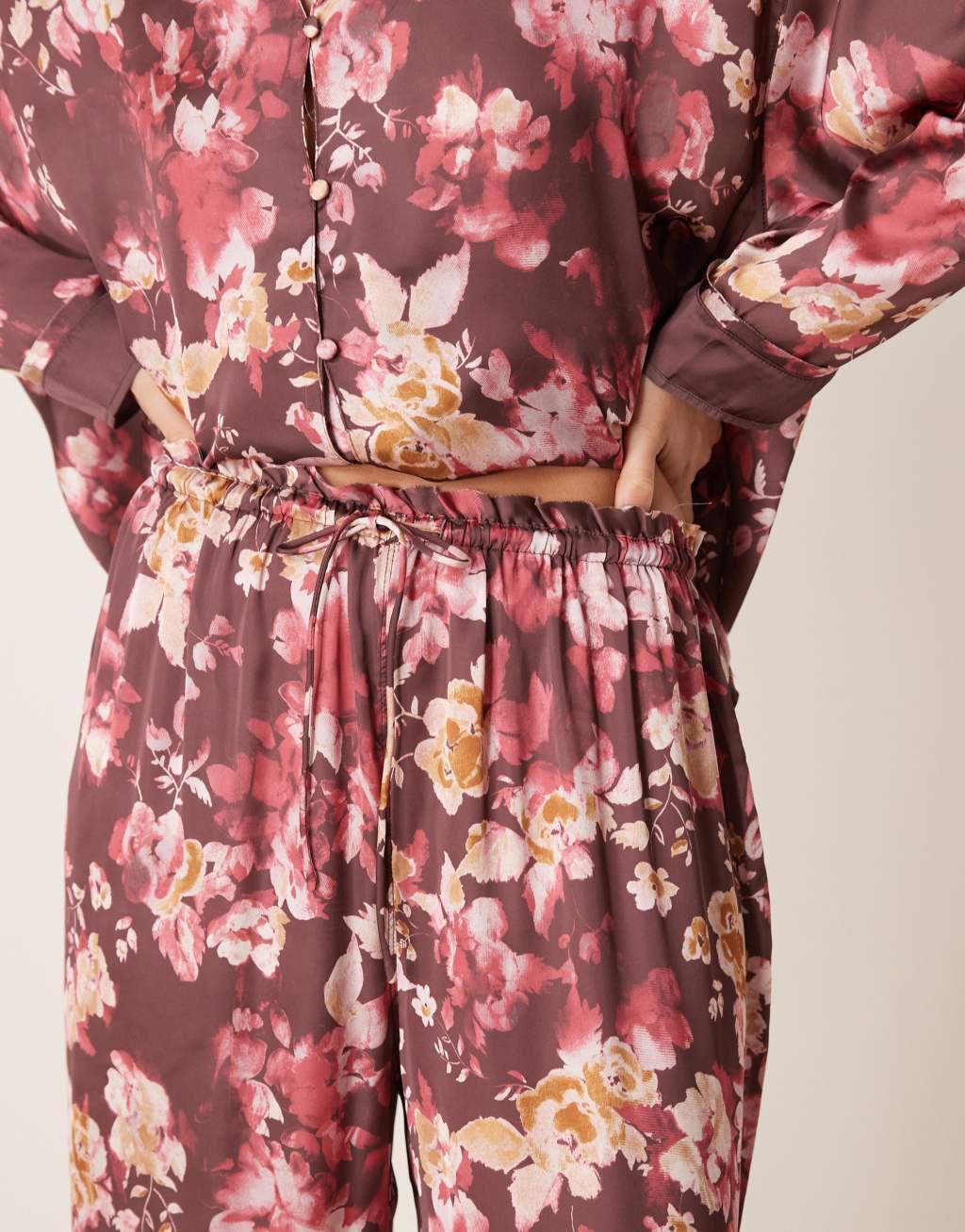 Free People Dreamy Days floral print satin pajama set in wine Product Image