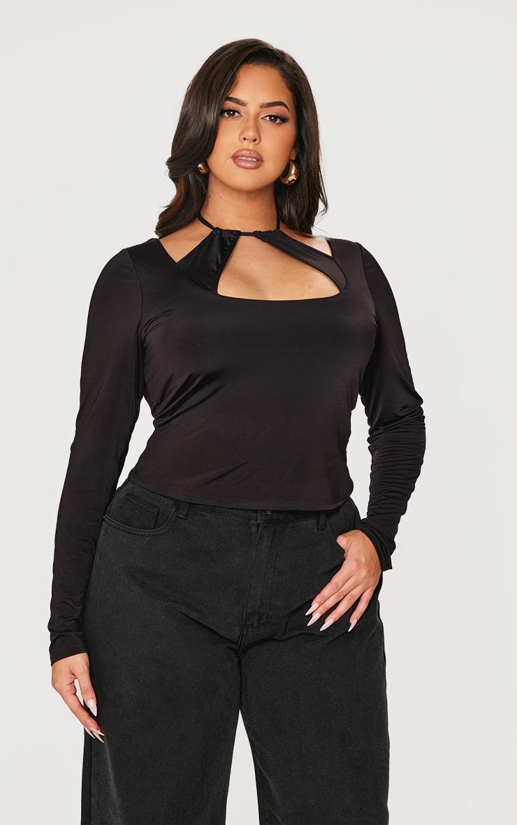 Plus Black Cut Out Long Sleeve Slinky Top Product Image