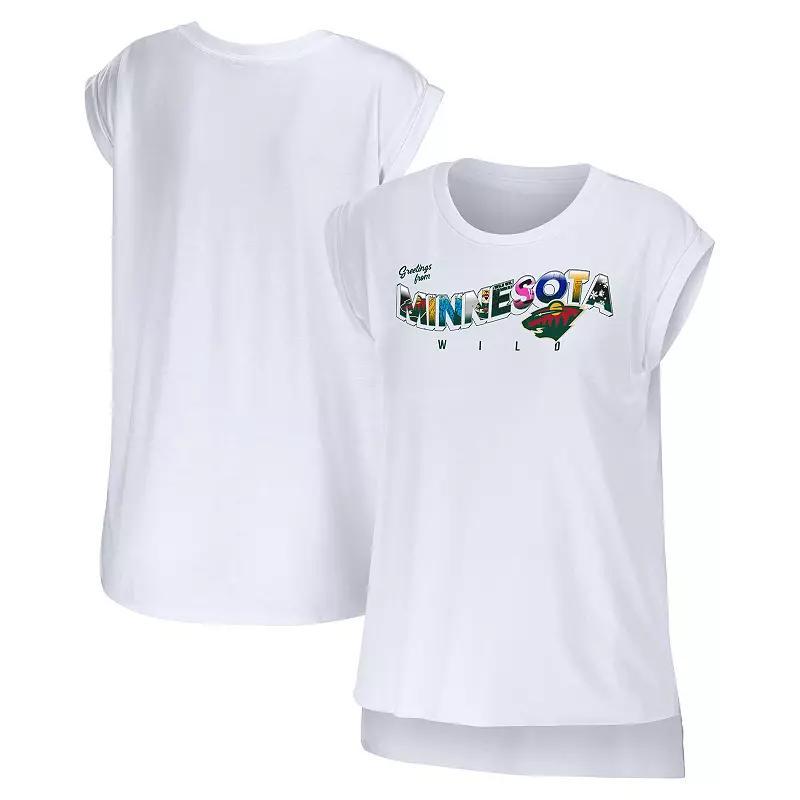 Women's WEAR by Erin Andrews White Minnesota Wild Greetings From Muscle T-Shirt, Size: Large Product Image