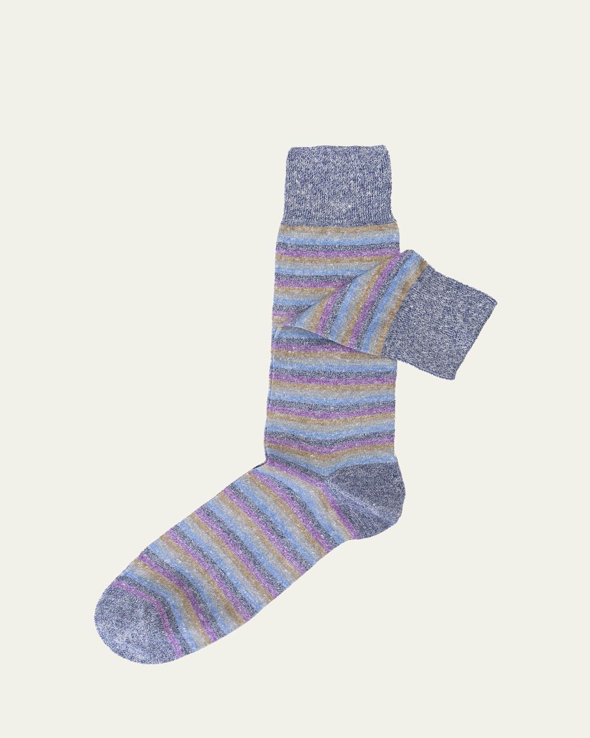 Mens Linen and Cotton Multi-Stripe Crew Socks Product Image