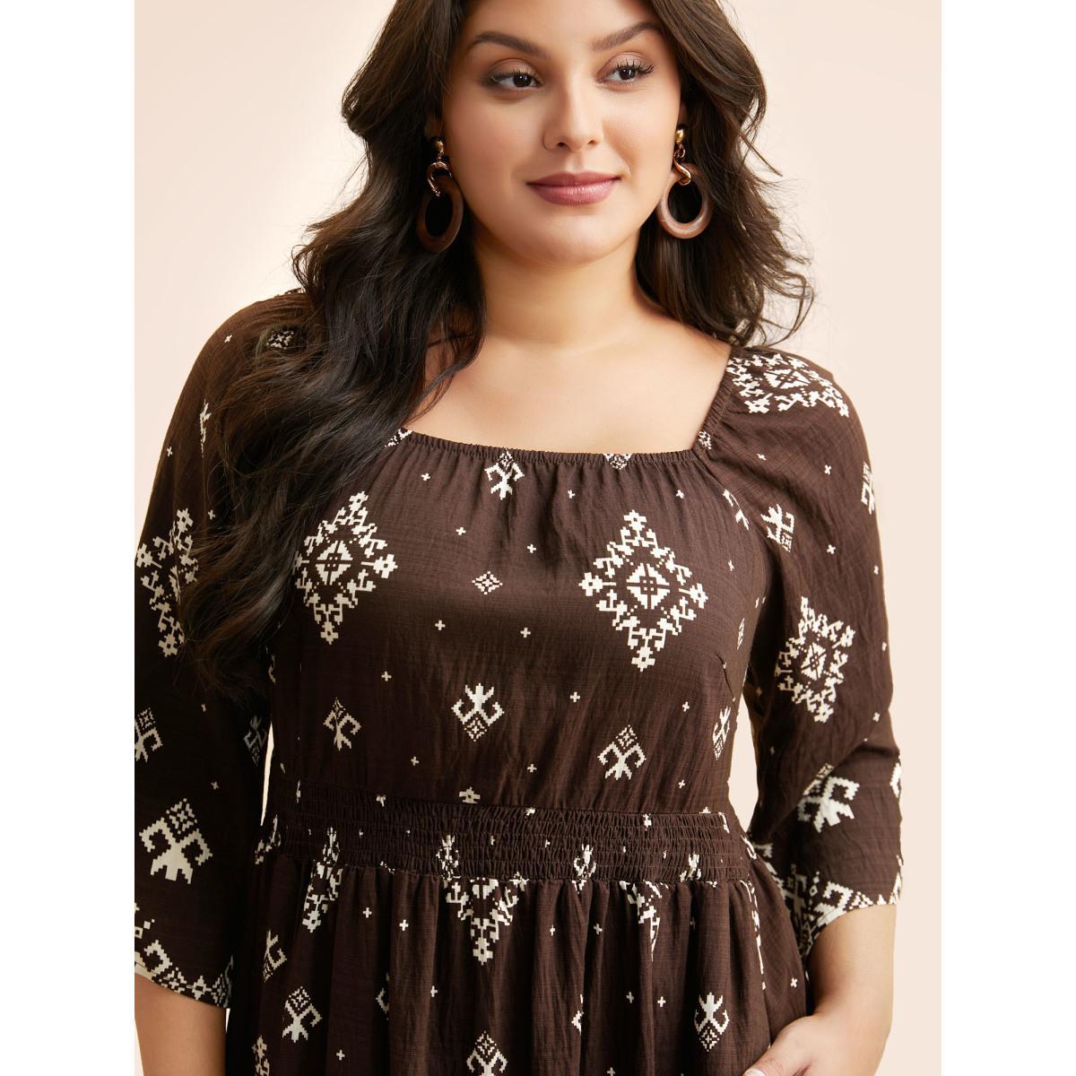 Plus Size Boho Print Square Neck Shirred Dress DarkBrown Women Resort Shirred Square Neck Elbow-length sleeve Curvy BloomChic 28/5X Product Image
