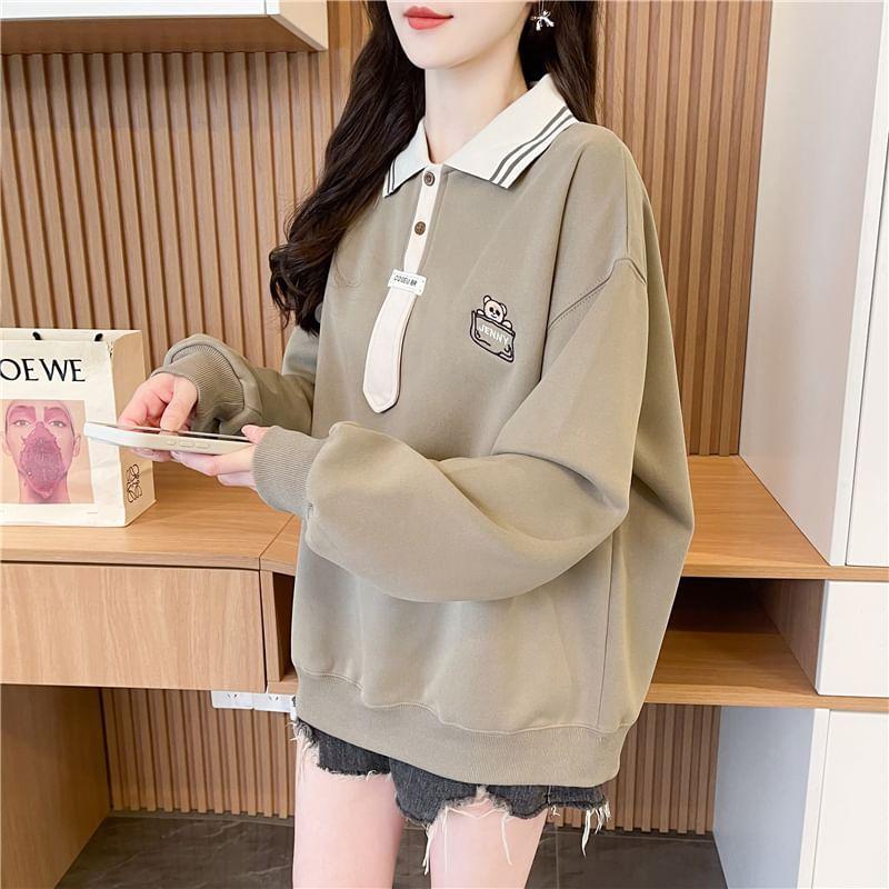 Striped Collar Cartoon Embroidered Polo Pullover Product Image