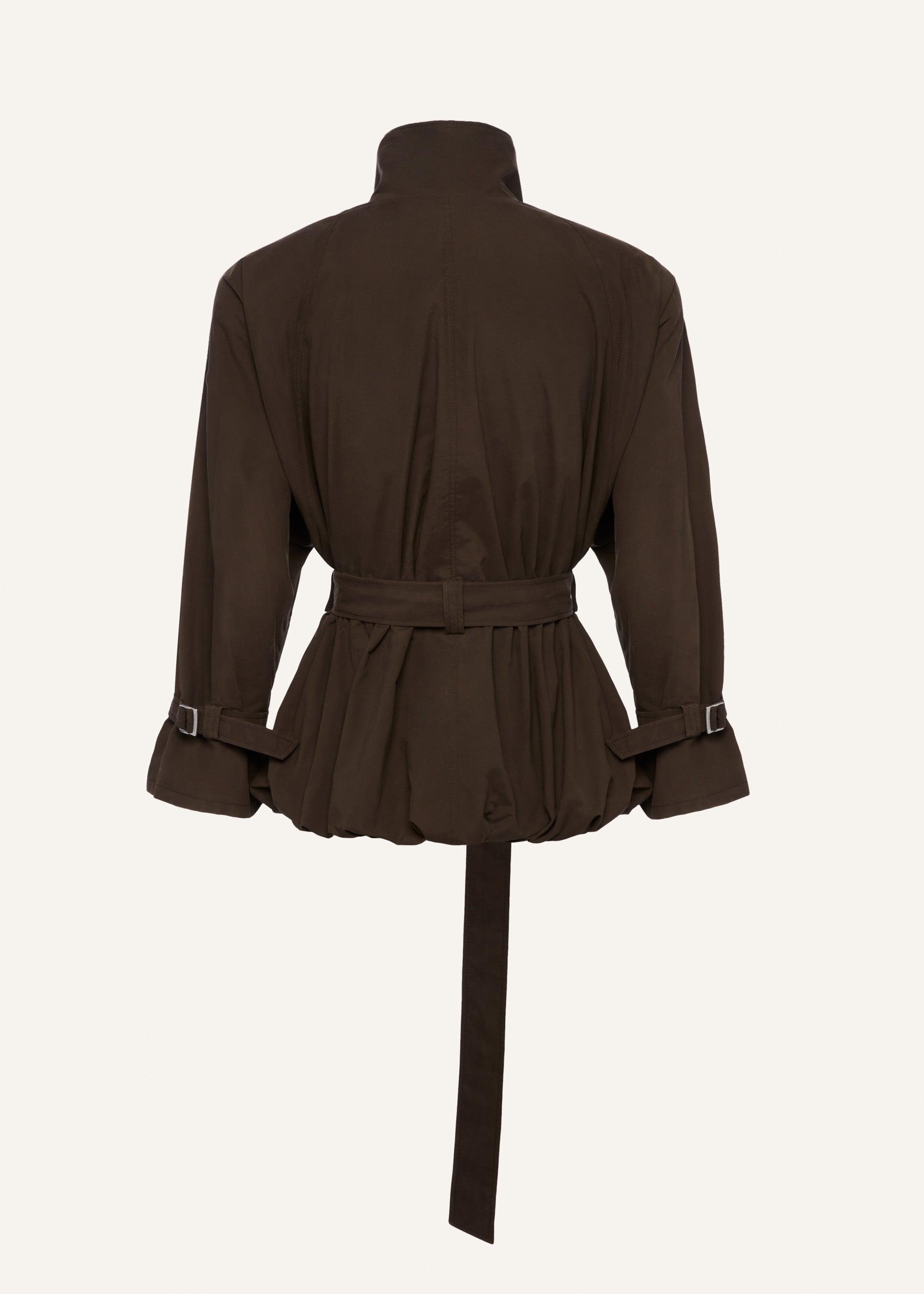 Cotton high collar trench jacket in brown Product Image