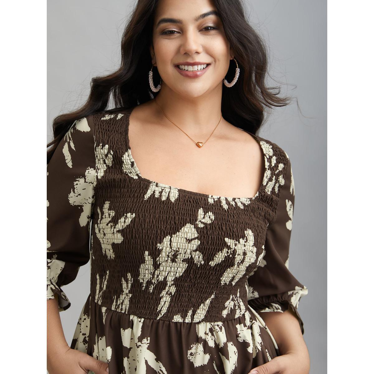 Plus Size Leaf Print Square Neck Ruffled Shirred Midi Dress Browncoffeecolor Women Elegant Shirred Square Neck Elbow-length sleeve Curvy BloomChic 14-16/1X Product Image