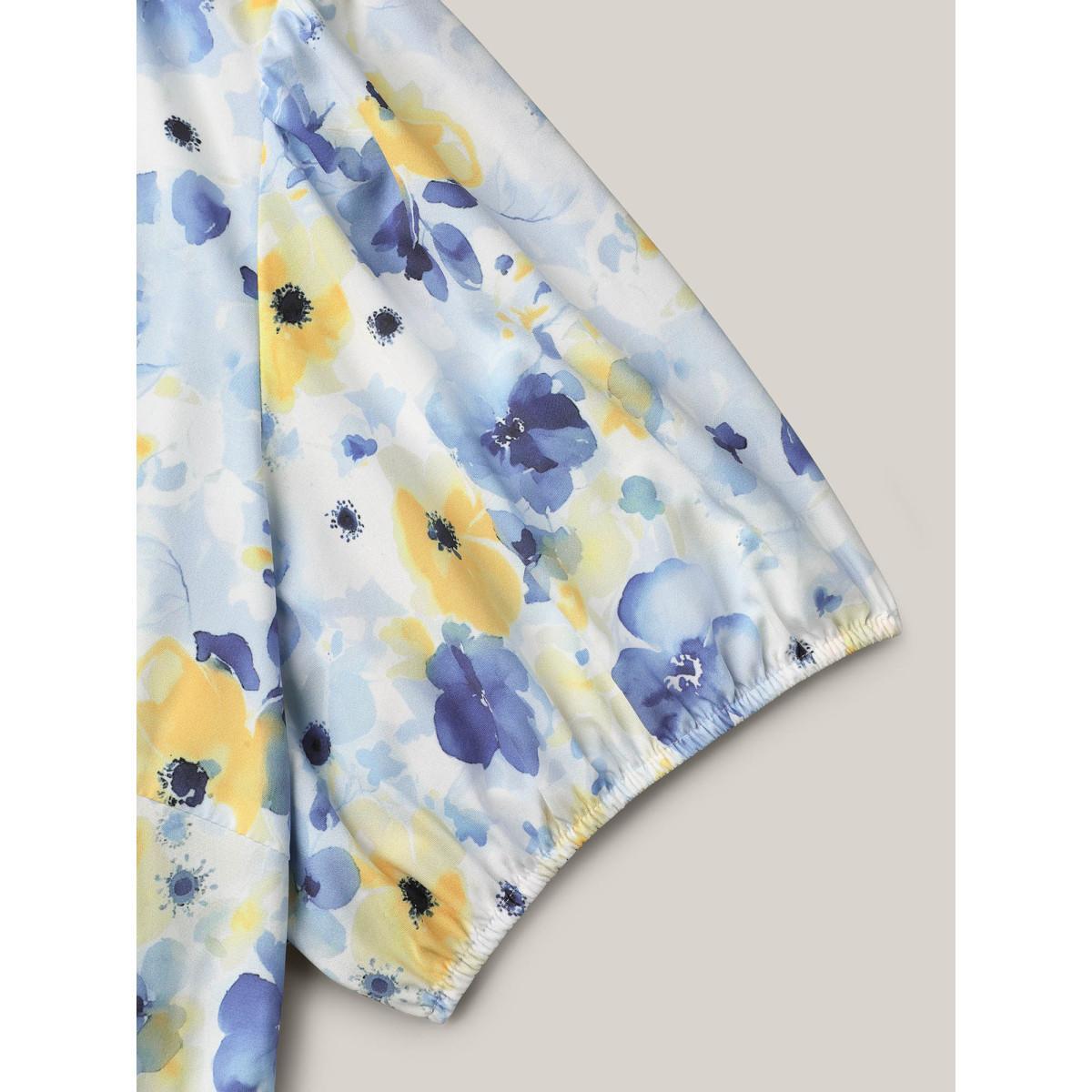 Plus Size Blooming Flowers Puff Sleeve Stretchy-Waist Dress LightBlue Women Elegant Non V-neck Short sleeve Curvy BloomChic 14-16/1X Product Image