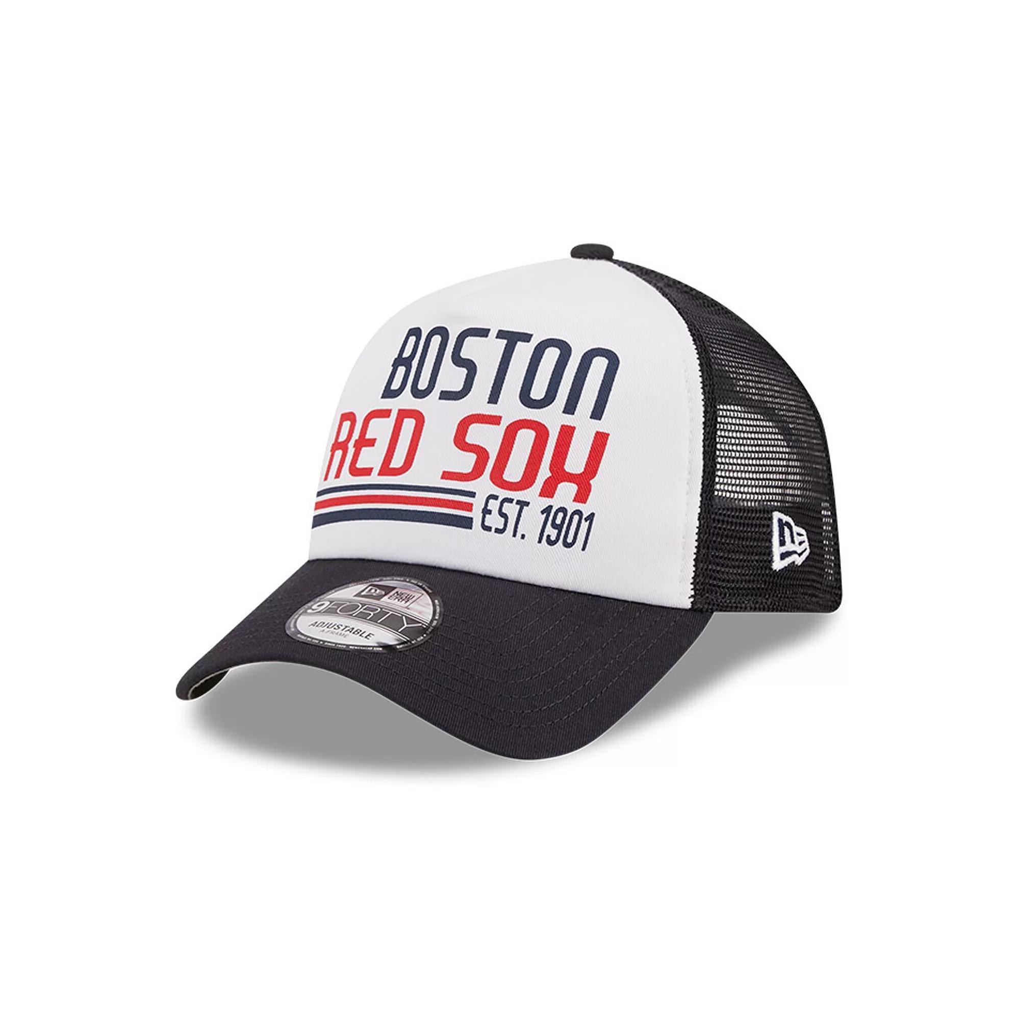 Men's New Era White/Navy Boston Red Sox Stacked A-Frame Trucker 9FORTY Adjustable Hat Product Image