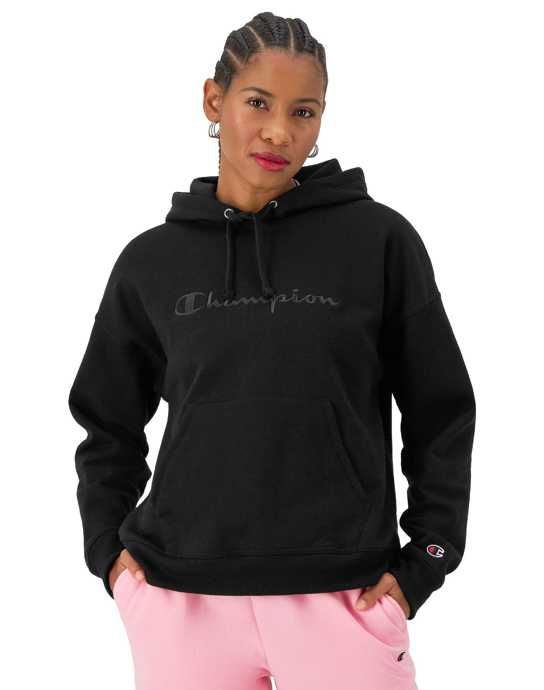 Womens Champion Powerblend Hoodie, Relaxed, Full Embroidered Script Logo Black S Product Image