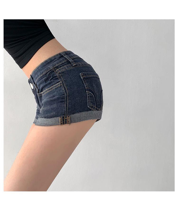 Low Rise Washed Roll Up Hem Denim Shorts Product Image