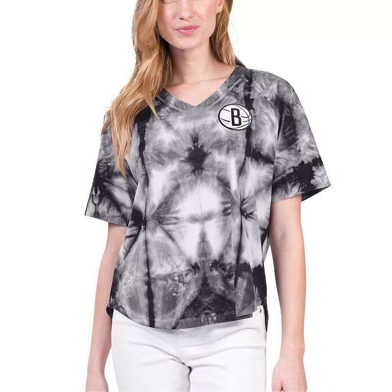 Women's G-III 4Her by Carl Banks Black Brooklyn Nets Tournament Raglan Oversized Tie-Dye V-Neck T-Shirt, Size: XL Product Image