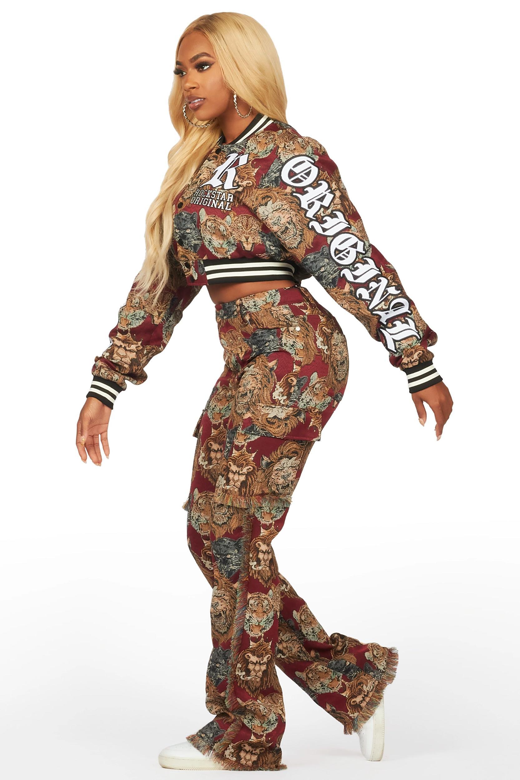 Khadiyah Red Crop Tapestry Varsity Jacket Female Product Image