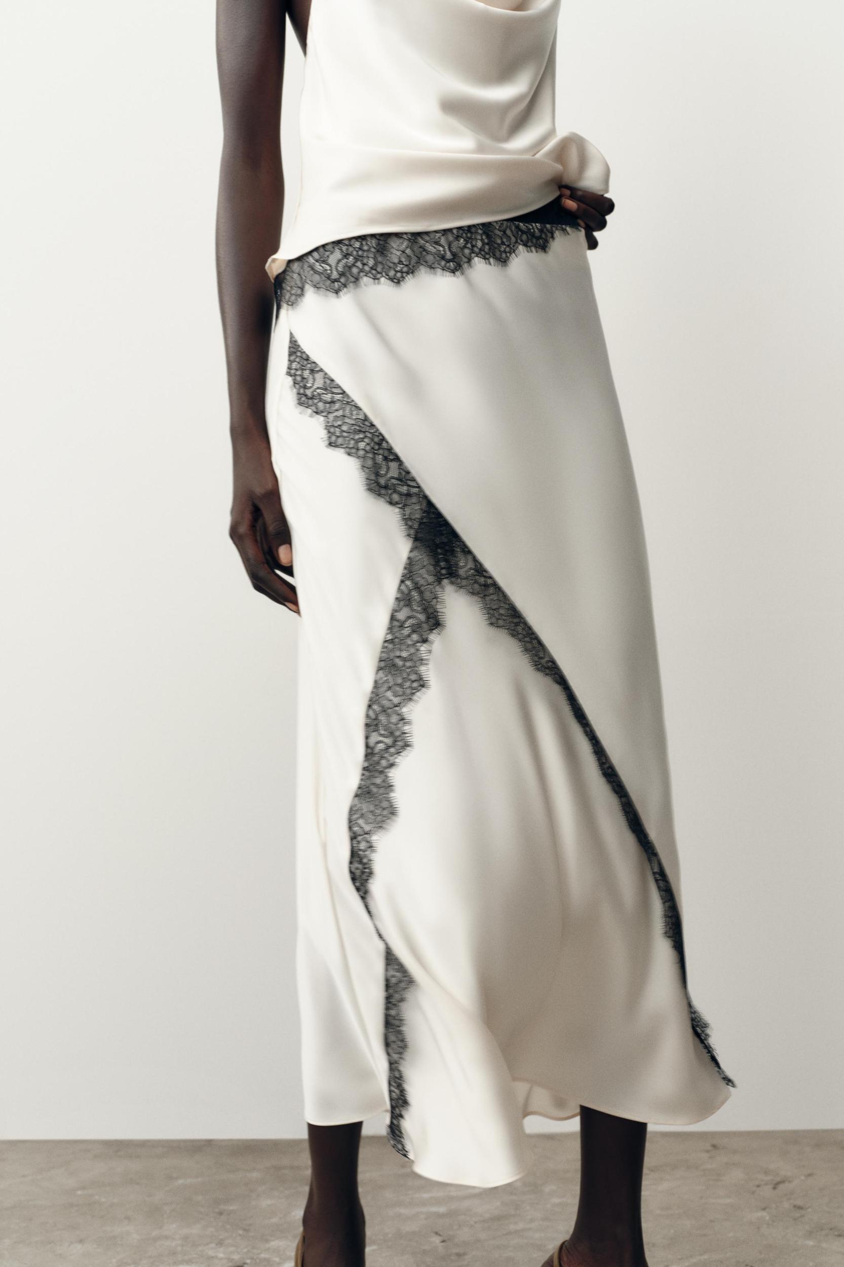 SATIN EFFECT LACE MIDI SKIRT Product Image