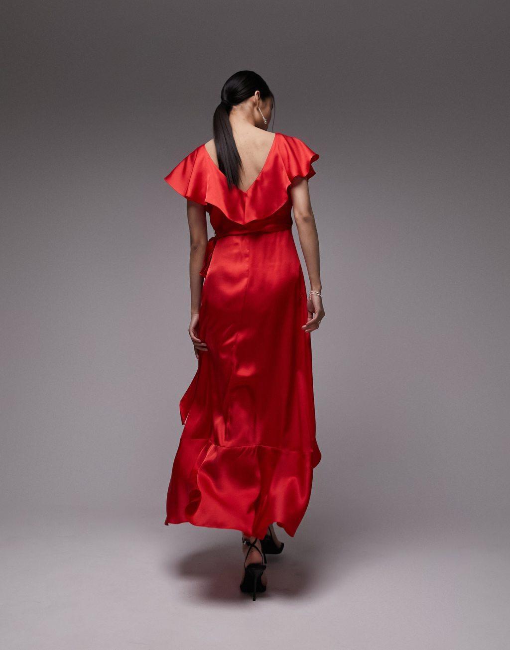 Topshop ruffle wrap midi dress in dark red Product Image