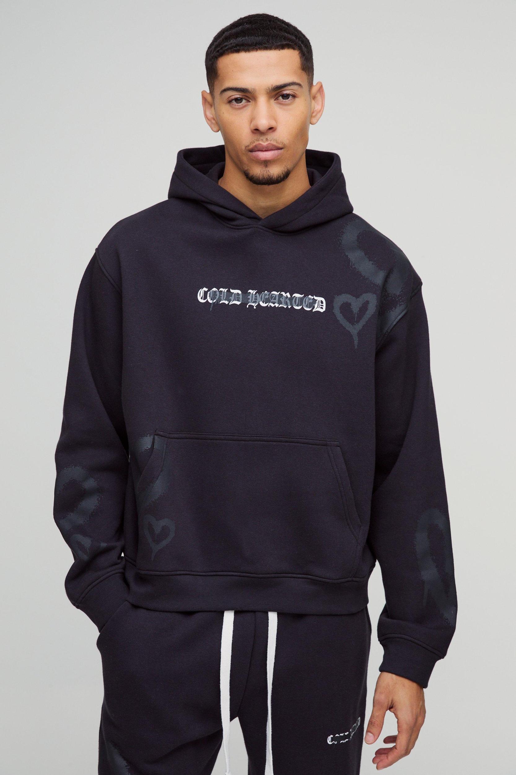 Oversized Boxy All Over Heart Printed Hoodie | boohooMAN USA Product Image