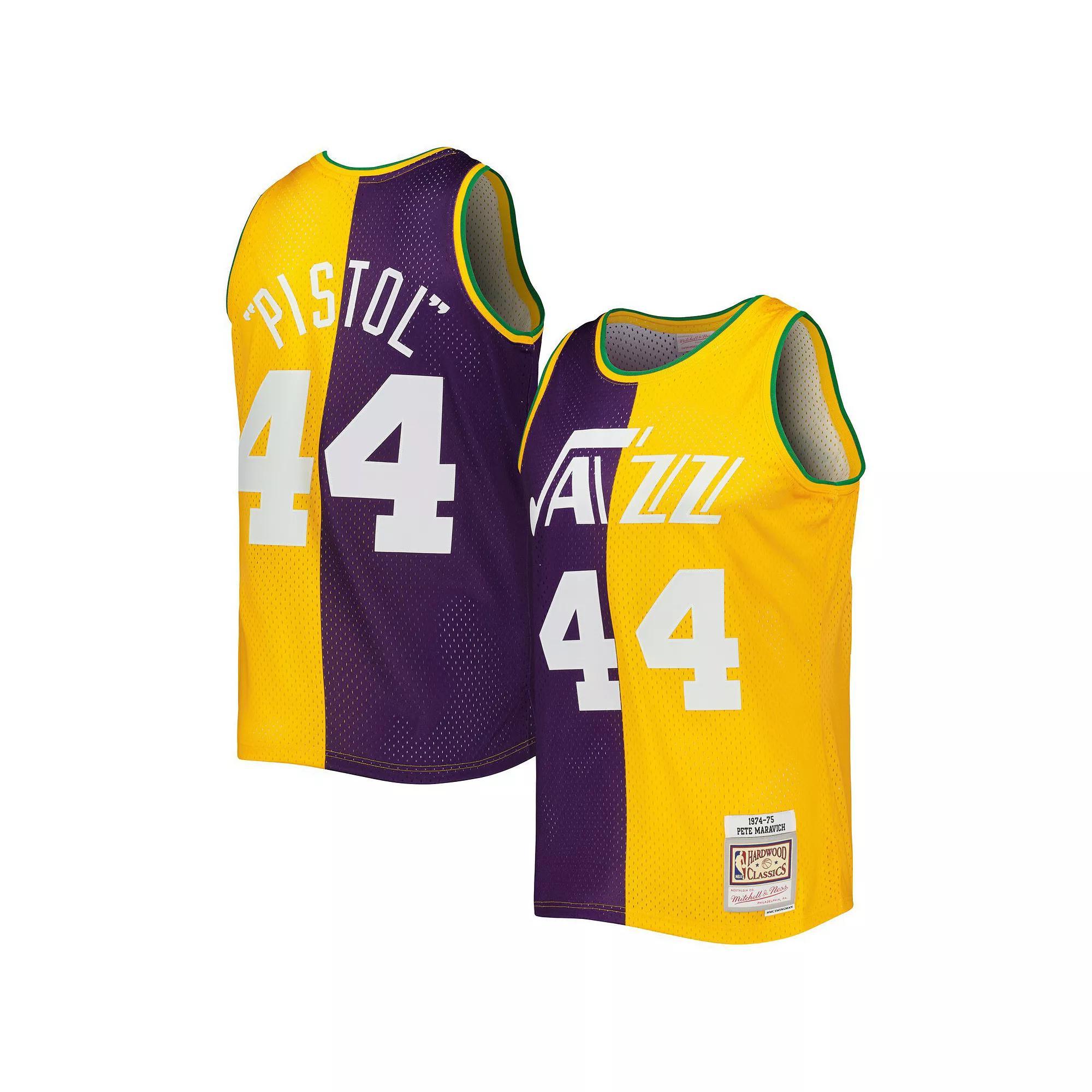 Men's Mitchell & Ness Pete Maravich Purple/Yellow New Orleans Jazz Hardwood Classics 1974-75 Split Swingman Jersey, Size: Medium, Nba Purple Product Image