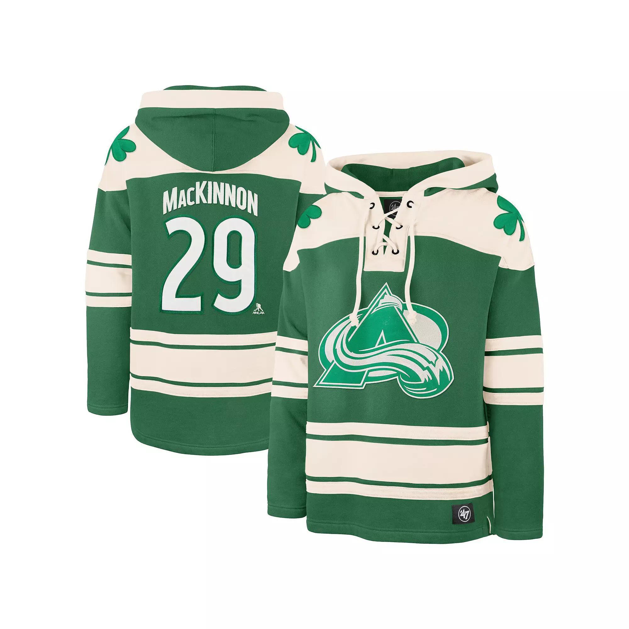 Men's '47 Nathan MacKinnon Kelly Green Colorado Avalanche St. Patrick's Day Player Name & Number Lacer Pullover Hoodie, Size: 3XL Product Image