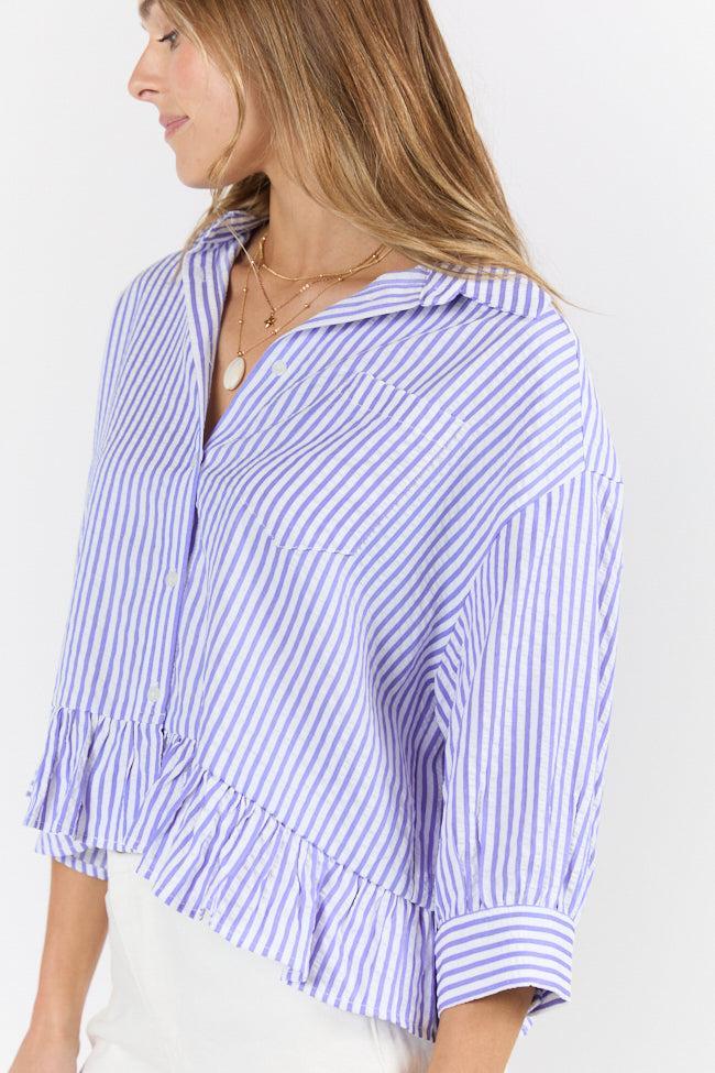 In Depth Blue Ruffle Hem Textured Stripe Button Down Top SALE Product Image