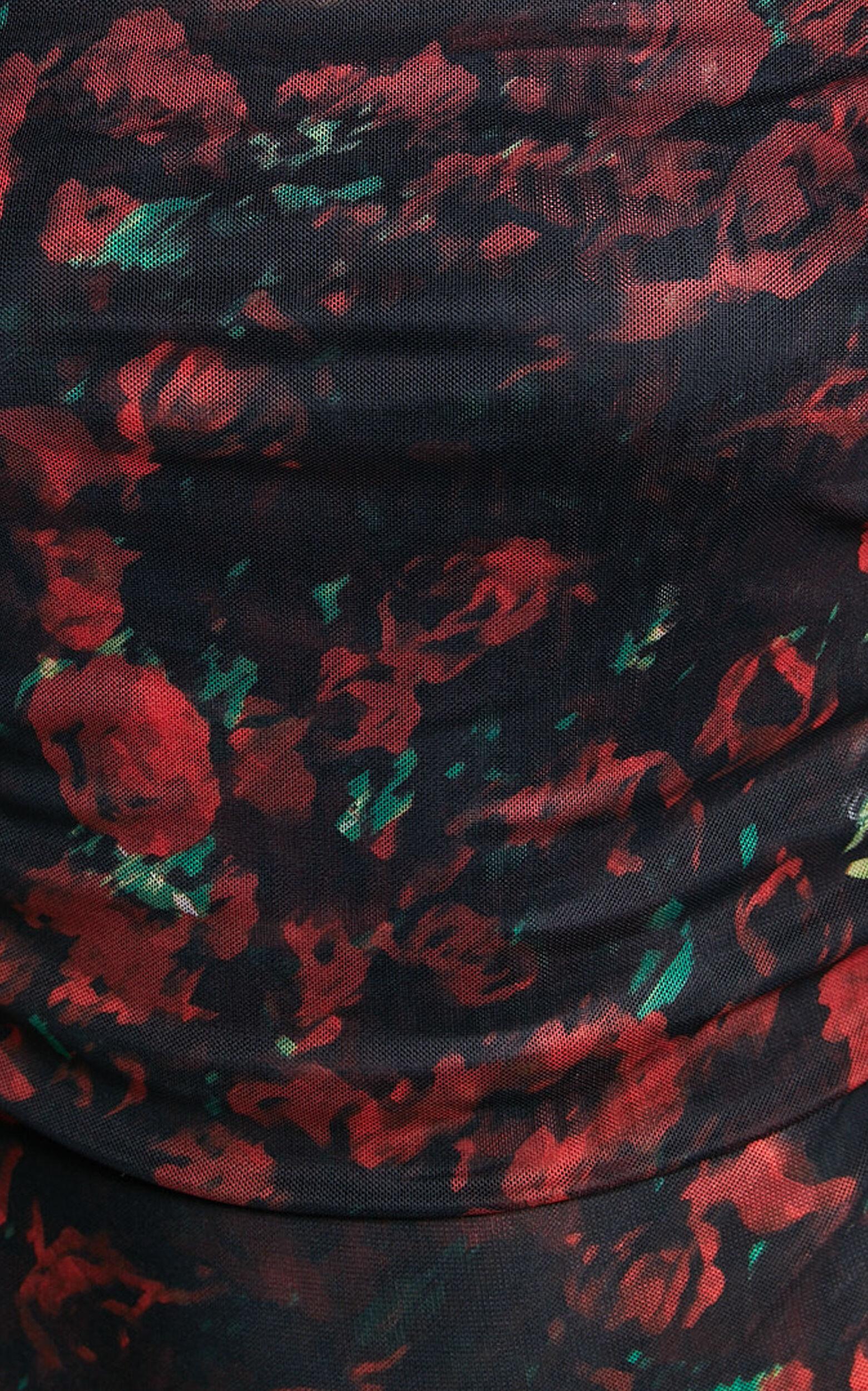 Jaythen Bodysuit - Long Sleeve Off Shoulder Ruched Mesh Bodysuit in Red Rose Product Image