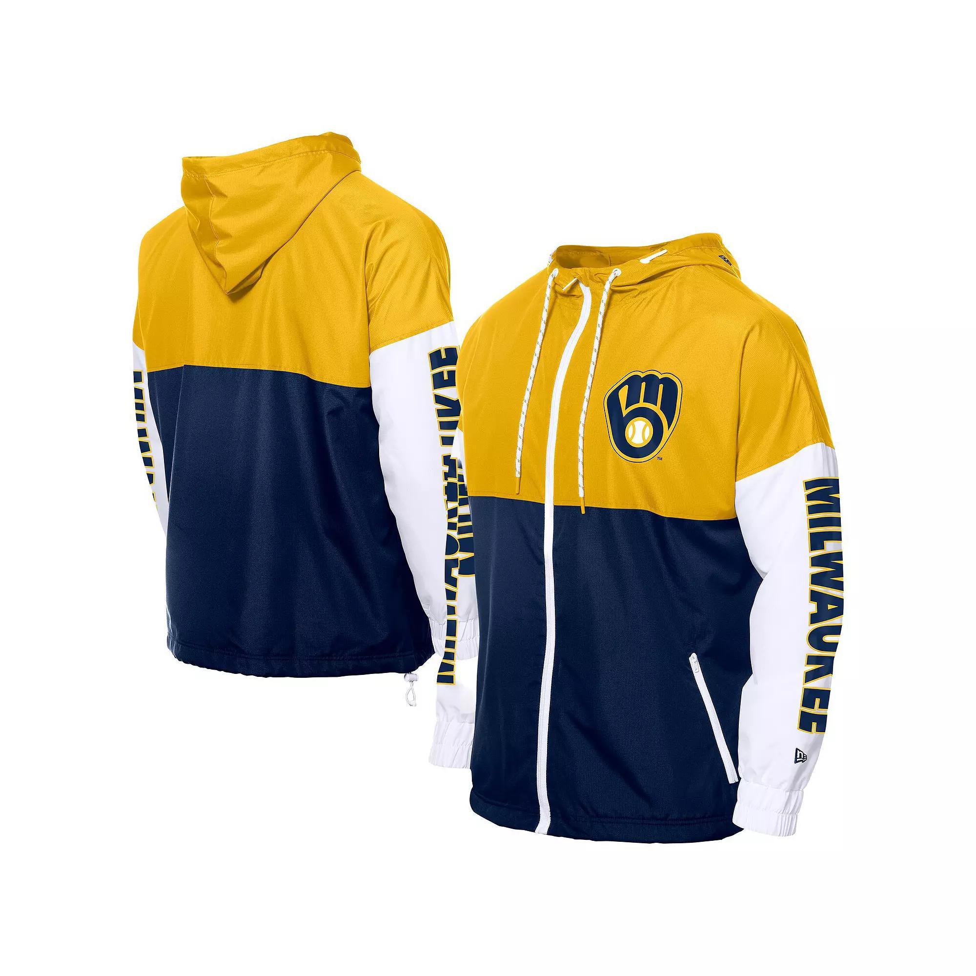 Men's New Era  Navy/Gold Milwaukee Brewers Color Block Full-Zip Hoodie Windbreaker, Size: 3XL, Blue Product Image