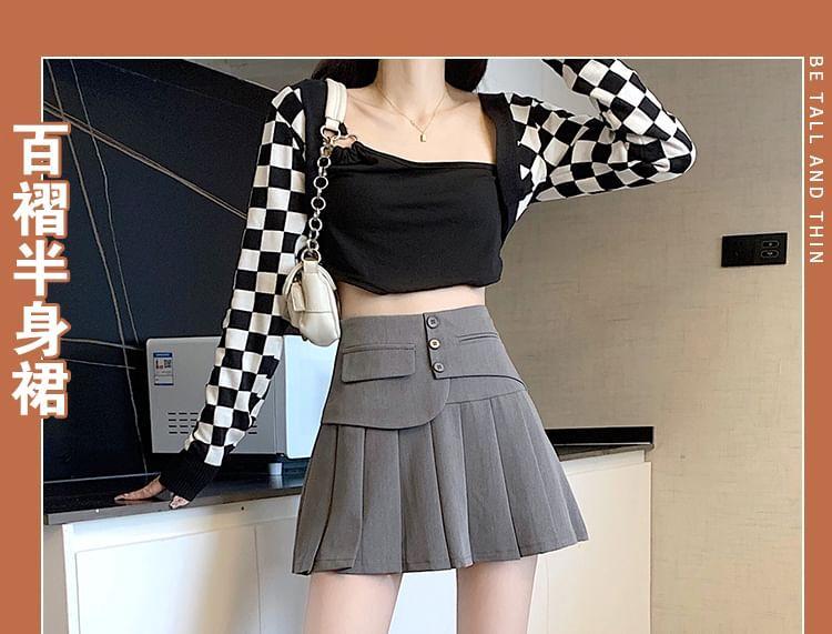 High Rise Plain Asymmetrical Pleated Mini A-Line Skirt Product Image