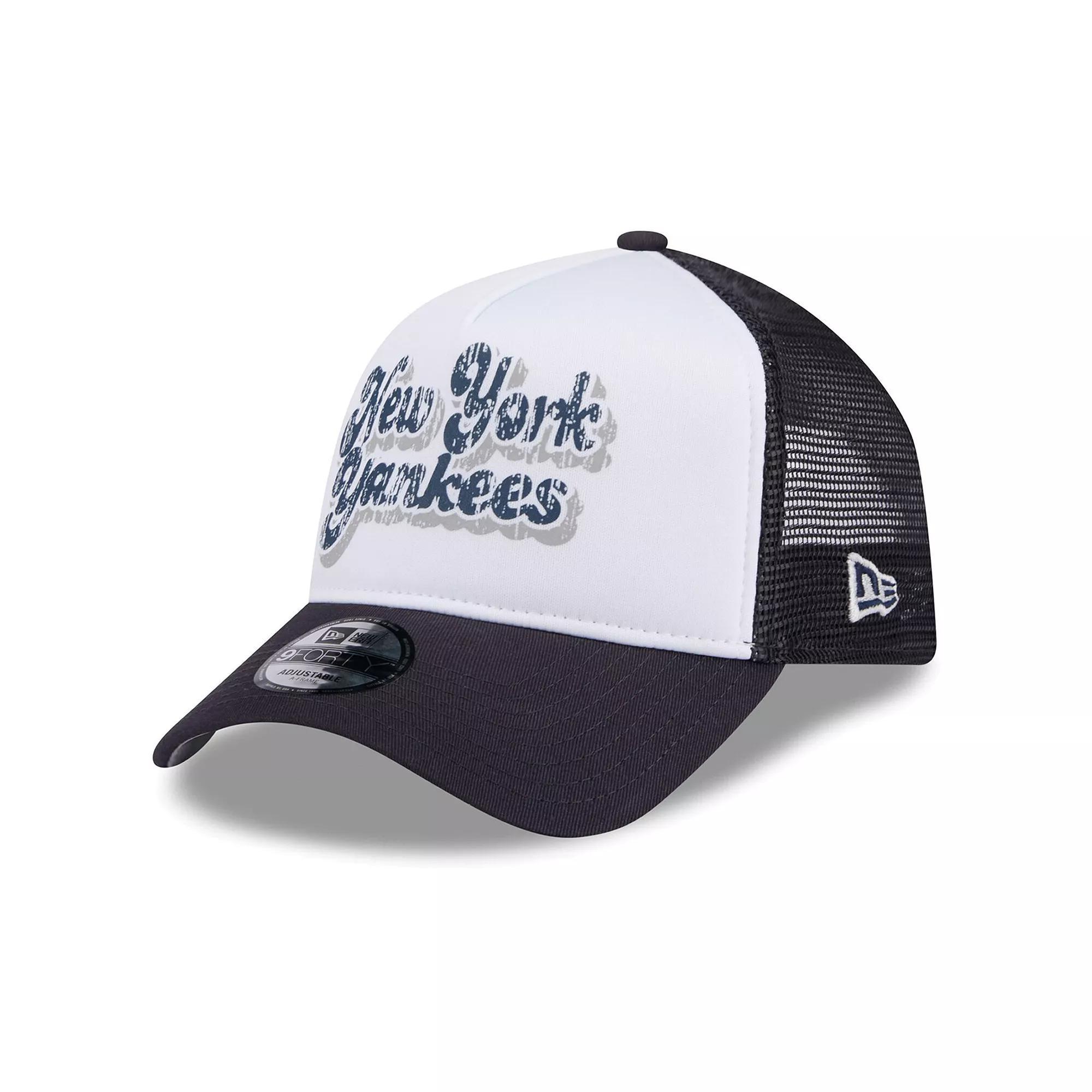 Women's New Era White/Navy New York Yankees Throwback Team Foam Front A-Frame Trucker 9FORTY Adjustable Hat Product Image