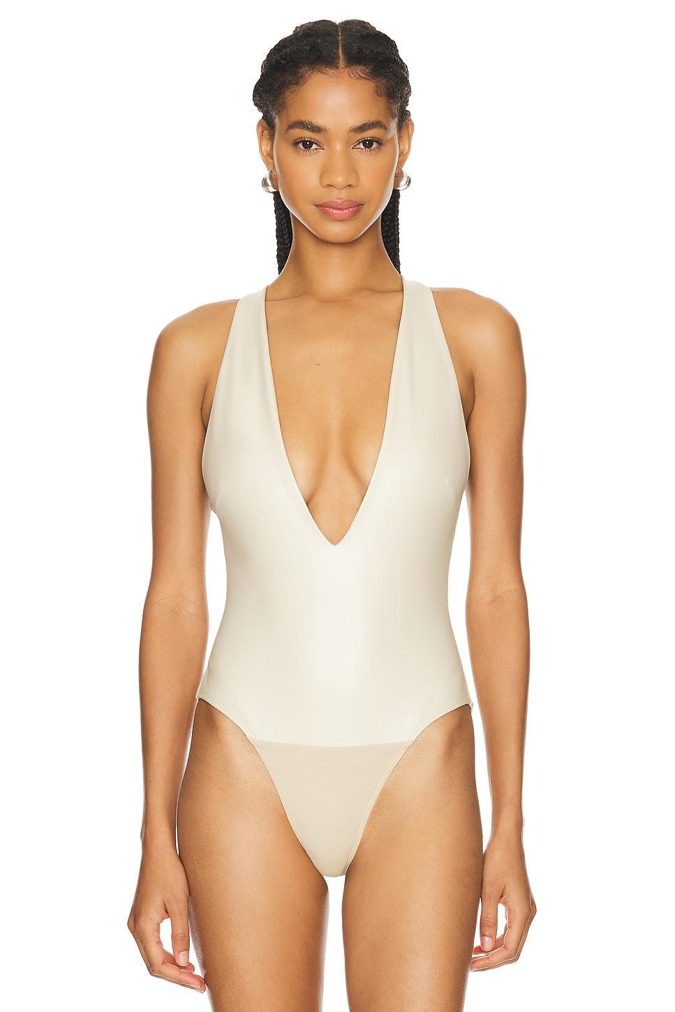 Faux Leather Plunge Neck Bodysuit Lapointe Product Image