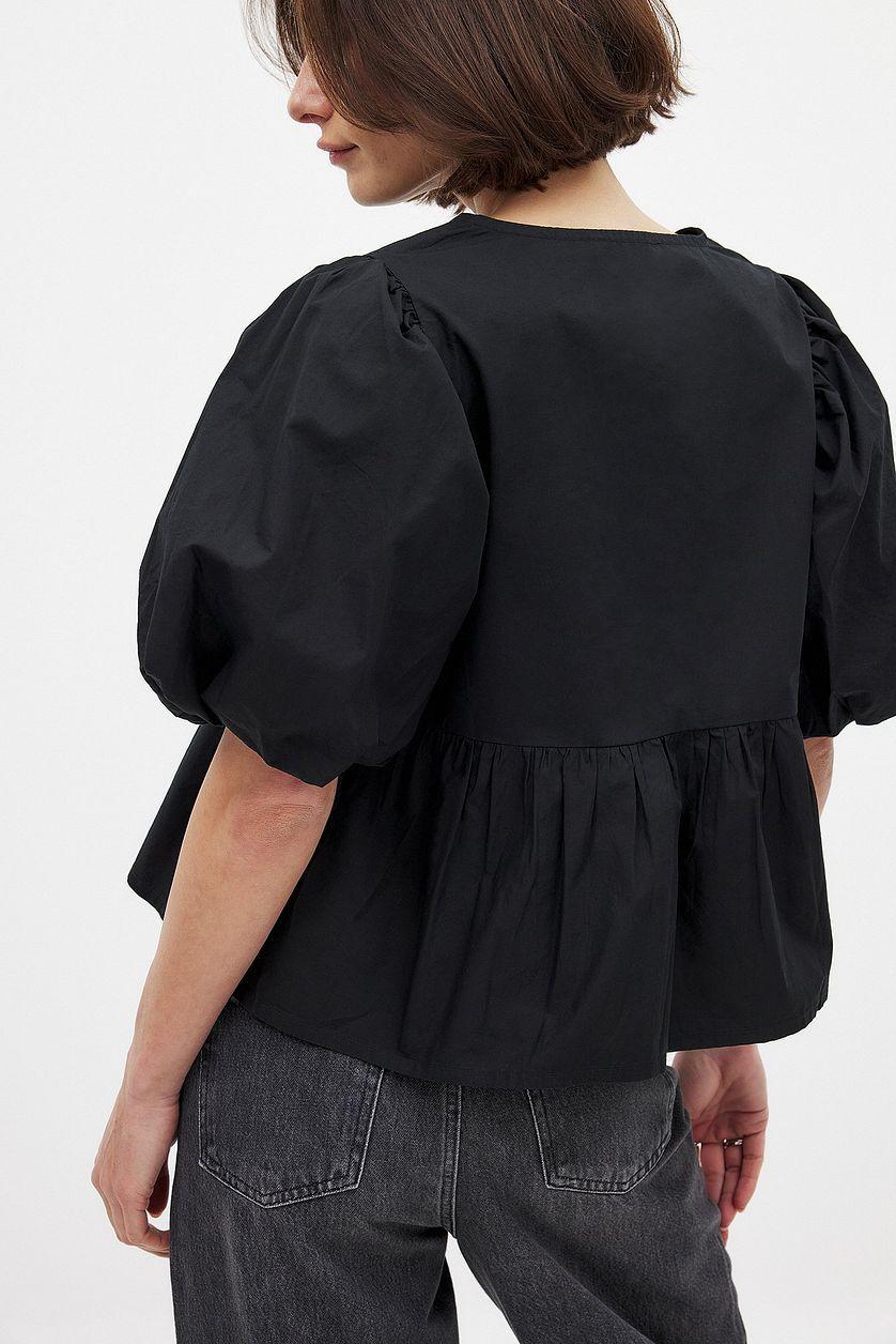 Cotton Puff Sleeve Tie Front Blouse Product Image