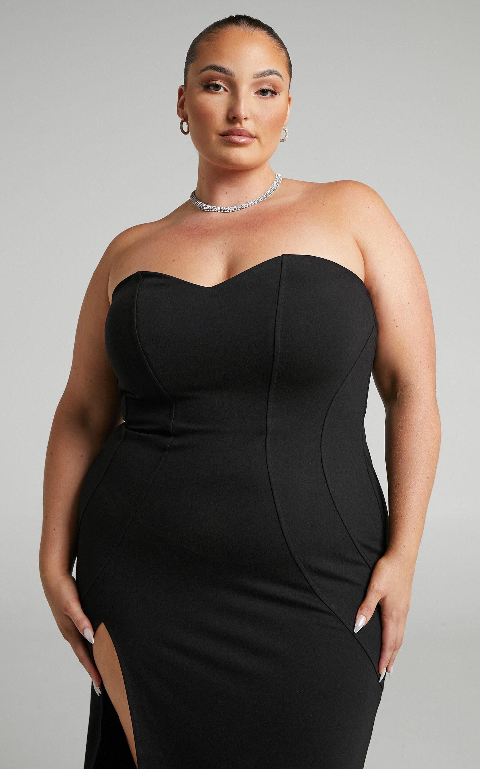 Oriella Maxi Dress - Panelled Thigh Split Strapless Dress in Black Product Image