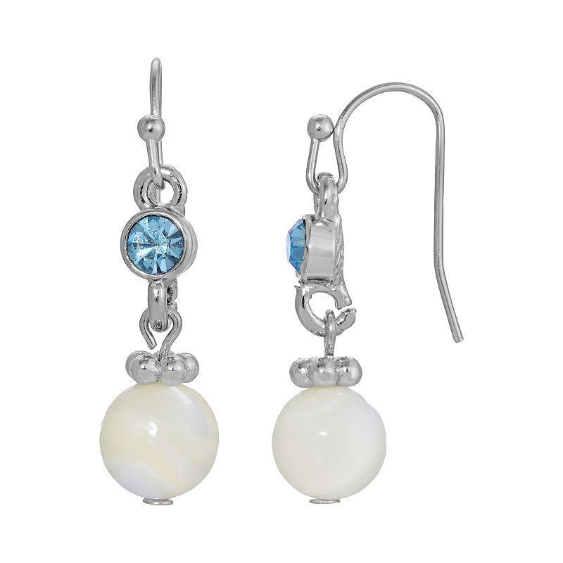 1928 Silver Tone Simulated Mother Of Pearl and Blue Crystal Drop Earrings, Womens, White Product Image