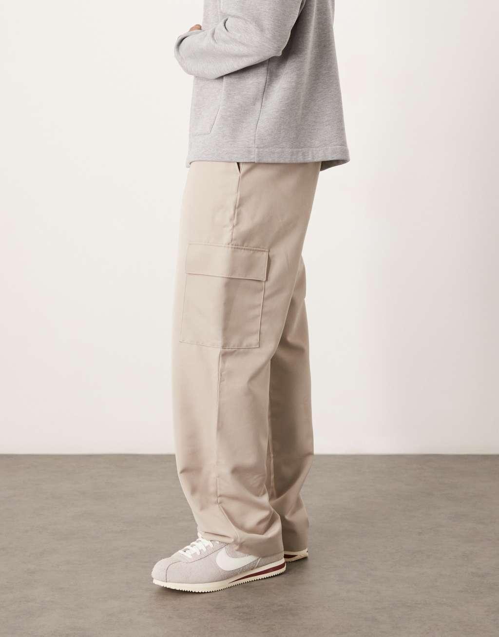 ASOS DESIGN smart wide leg cargo pants in stone with elastic waist | ASOS Product Image