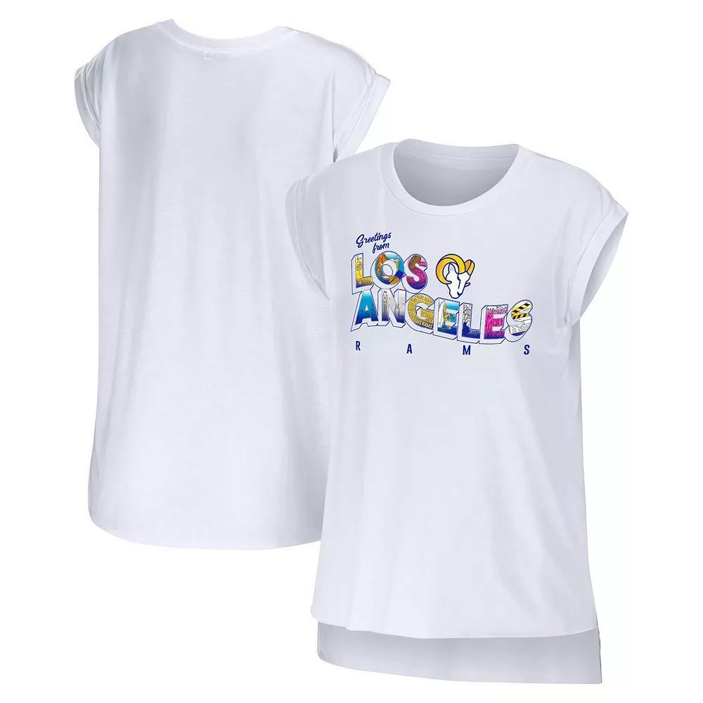 Women's WEAR by Erin Andrews White Los Angeles Rams Greetings From Muscle T-Shirt,  Product Image