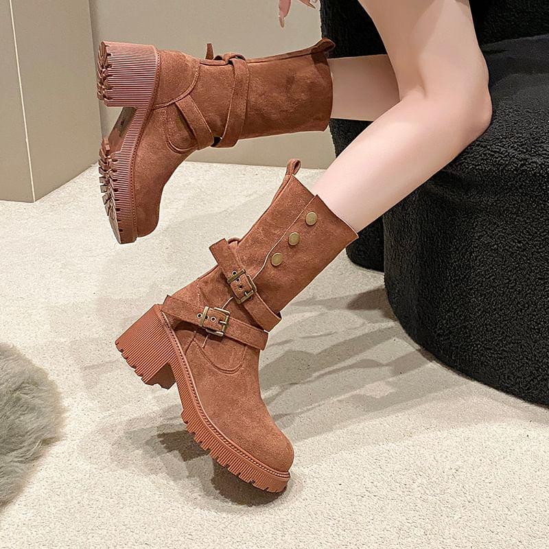 Faux Leather Buckled Platform Mid Calf Boots Product Image