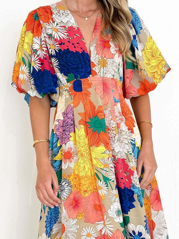 A-Line High Waisted Flower Print Pleated Split-Joint Zipper V-Neck Maxi Dresses Product Image