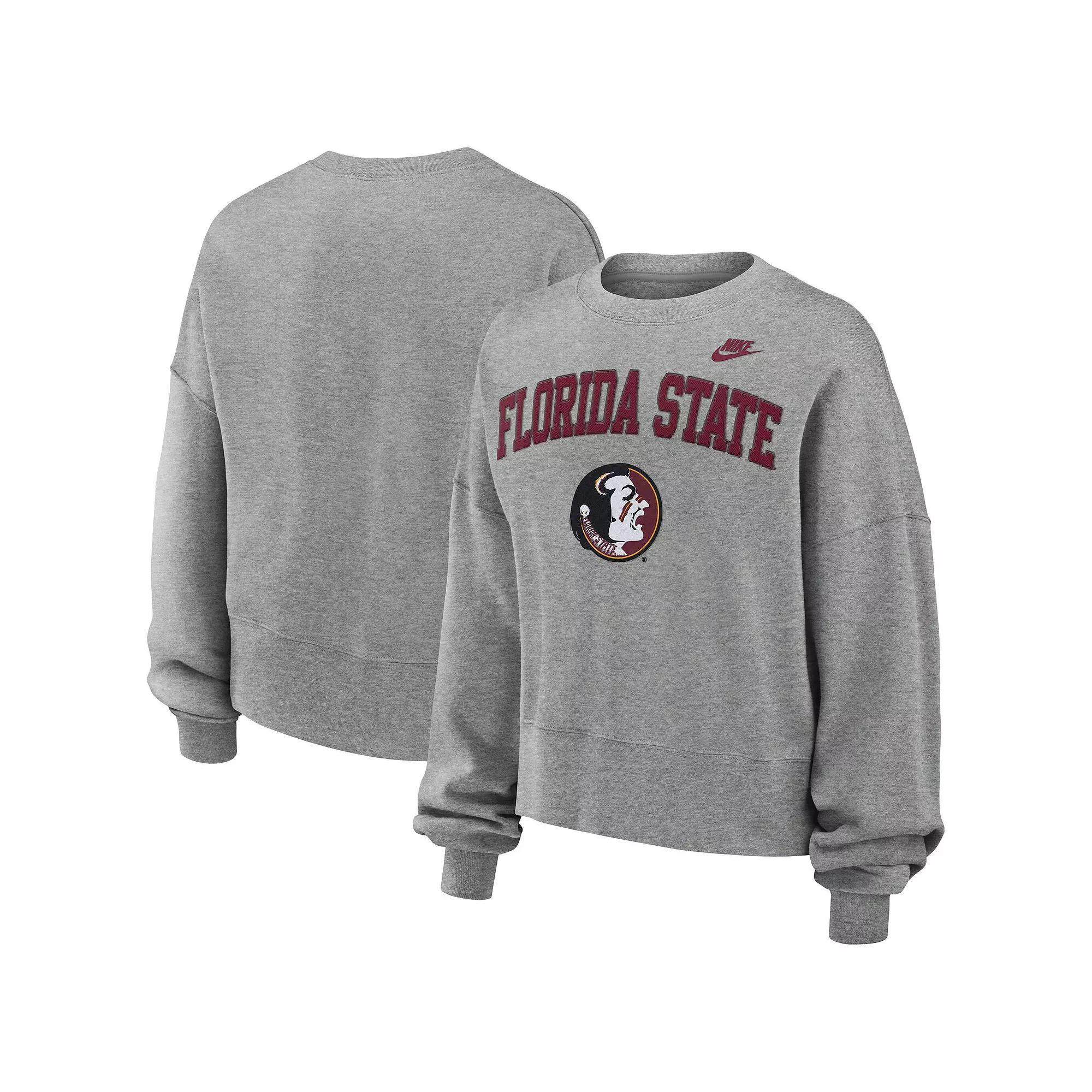 Women's Nike Heather Gray Oklahoma Sooners Legacy Fleece Classic Arch Oversized Cropped Tackle Twill Sweatshirt, Size: XL, Grey Product Image