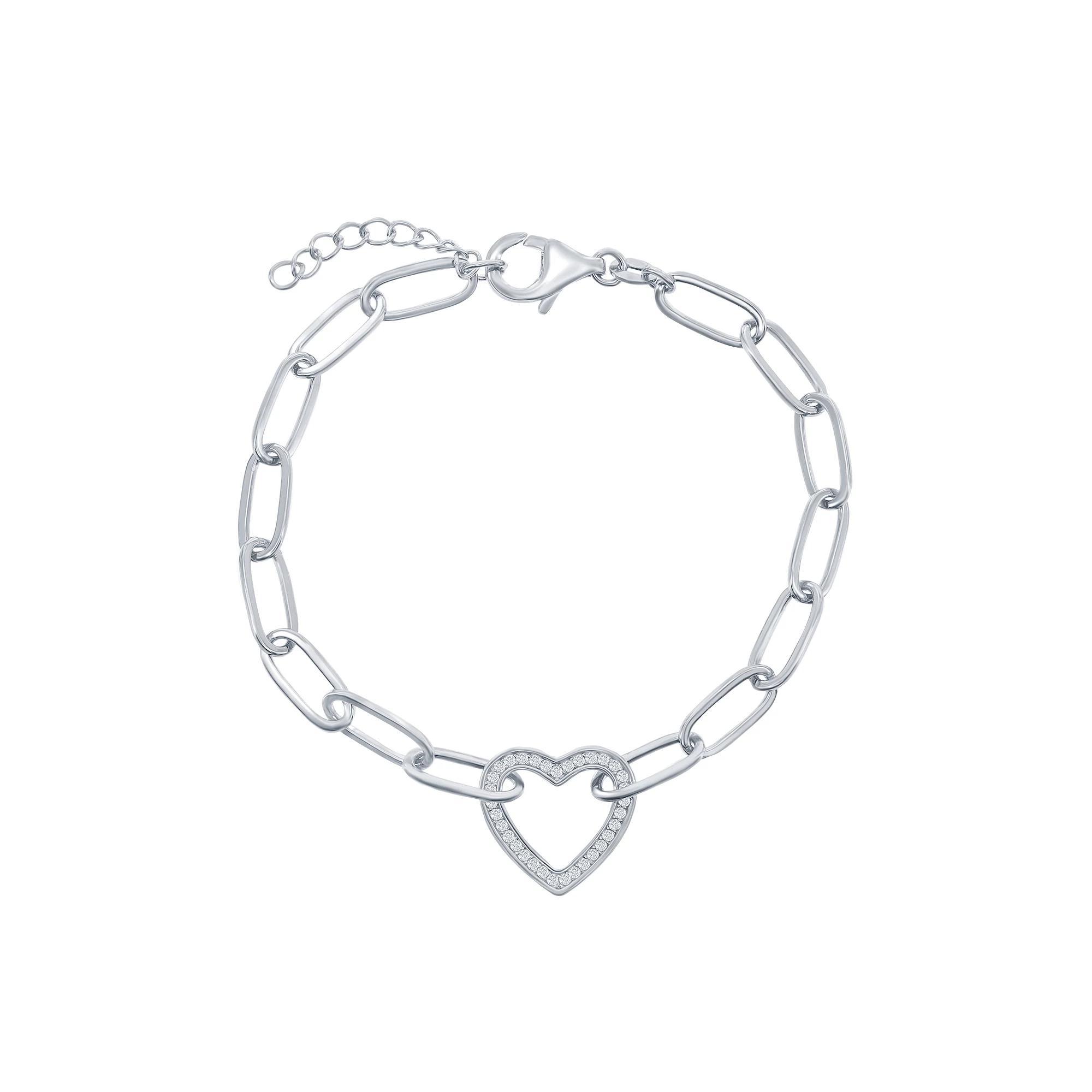 Cubic Zirconia Open Heart Paper Clip Bracelet, Women's, Size: 7-8" ADJ, Sterling Product Image