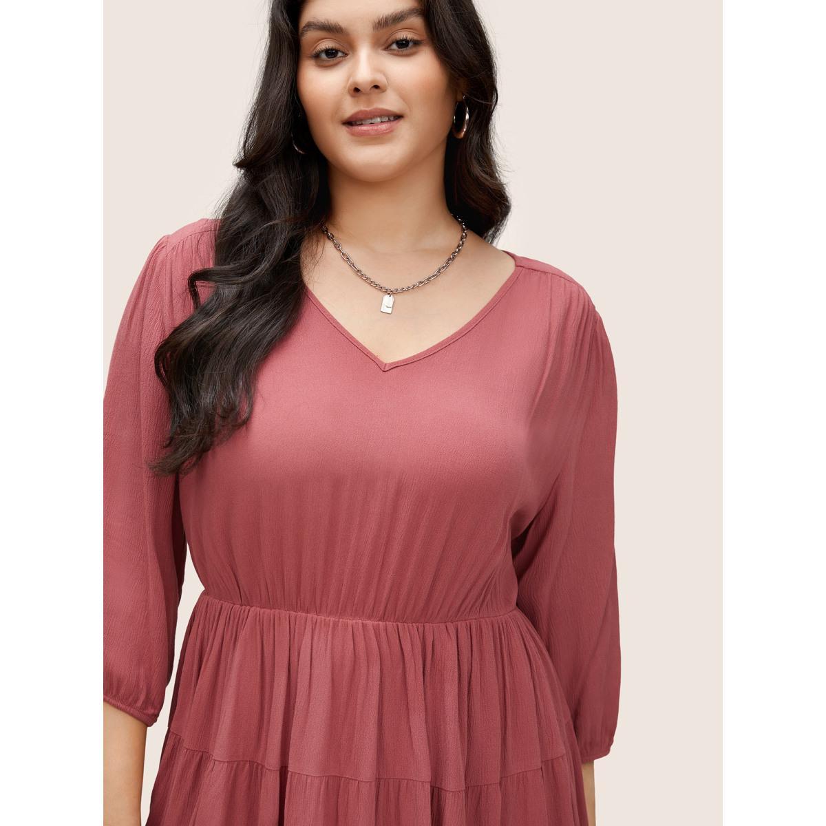 Plus Size Solid Frill Trim Crinkled Ruffle Layered Hem Dress Russet Women Casual Non V-neck Elbow-length sleeve Curvy Midi Dress BloomChic 10/M Product Image