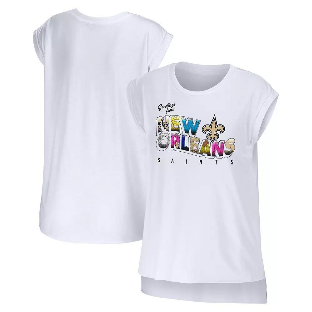 Women's WEAR by Erin Andrews White New Orleans Saints Greetings From Muscle T-Shirt,  Product Image