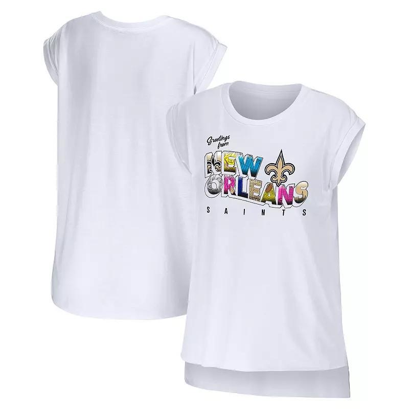 Women's WEAR by Erin Andrews White New Orleans Saints Greetings From Muscle T-Shirt,  Product Image