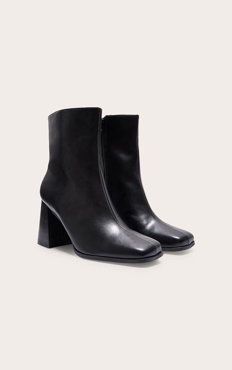 Black Wide Fit PU Square Toe Block Heeled Ankle Boots Product Image