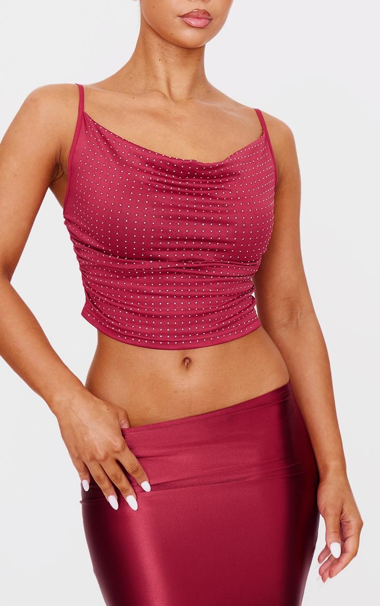 Burgundy Hot Fix Cowl Neck Cami Top Product Image