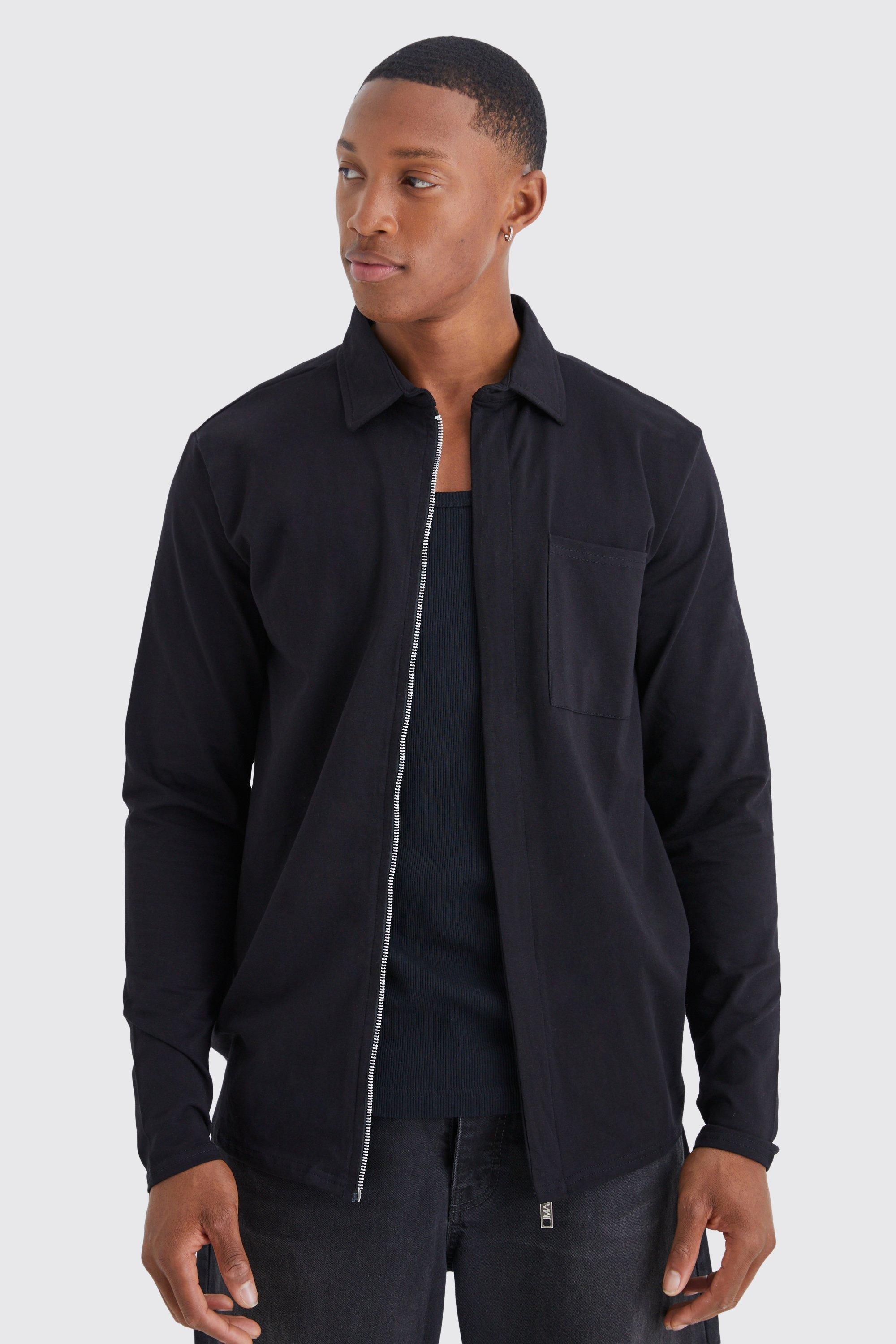 Mens Black Concealed Placket Zip Through Jersey Overshirt, Black Product Image