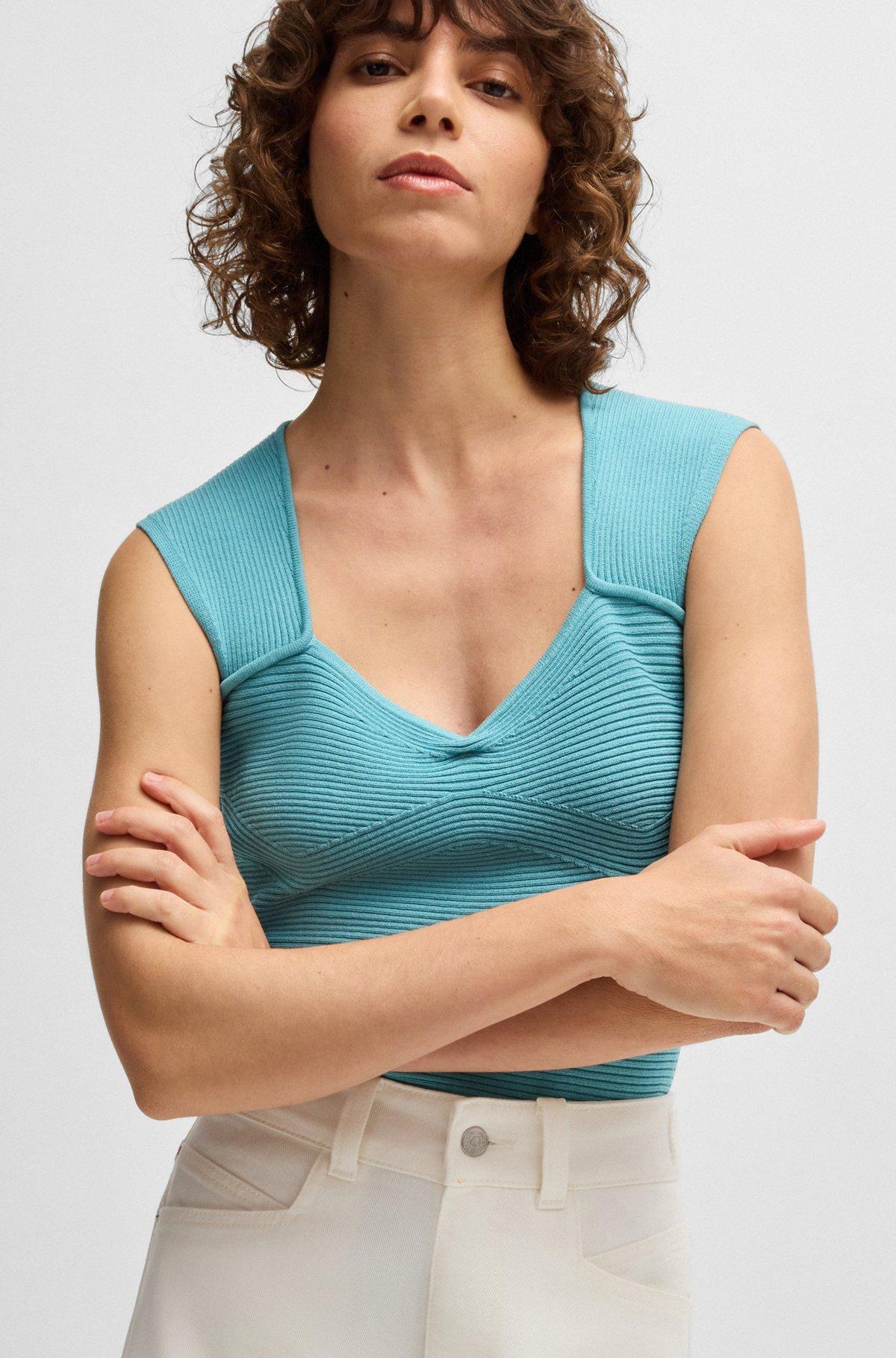 Sleeveless top in stretch fabric with mixed ribbing Product Image