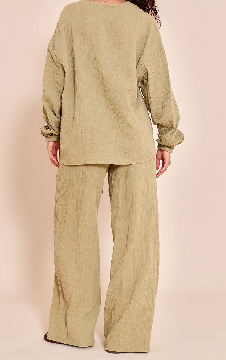 Khaki Cheesecloth Textured Wide Leg Pants Product Image