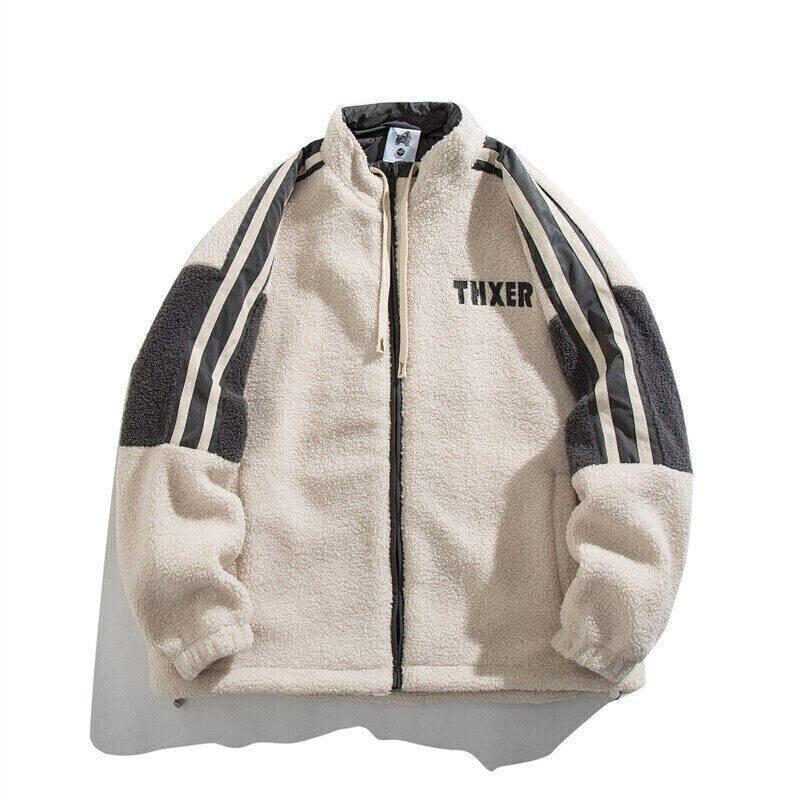 Stand Collar Lettering Applique Striped Fleece Zip Jacket Product Image