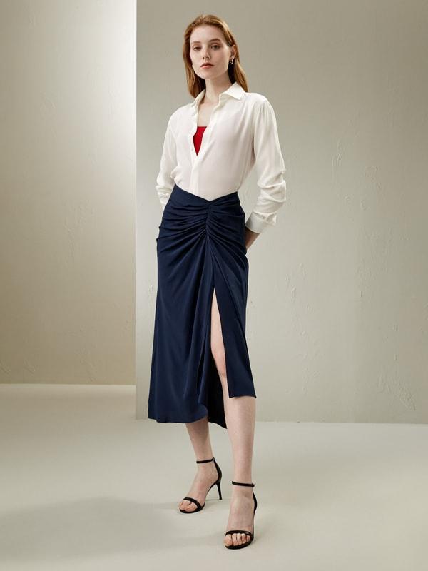 Tucked Drape Silk Midi Skirt Product Image